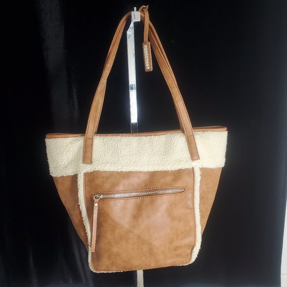 Nine West Brown Leather Shoulder Bag/Purse with FauxFur Sherpa accents - Picture 1 of 16